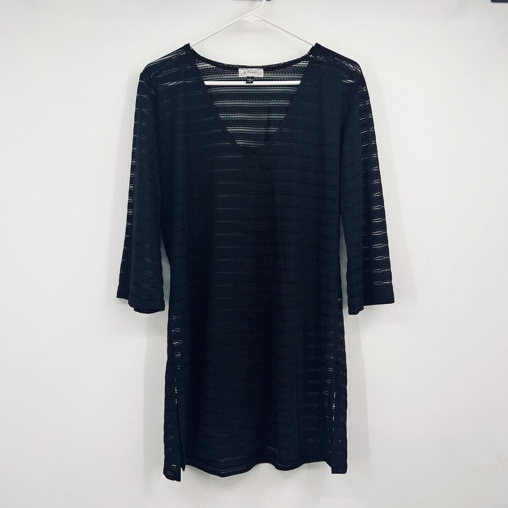 J Valdi Black Striped Semi Sheer L Dress Tunic Cover Up Beach Vacation Cruise
